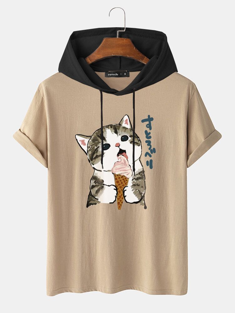 Söt Katt För Män Japanskt Tryck Kortärmad Dragsko T-shirts Med Huv