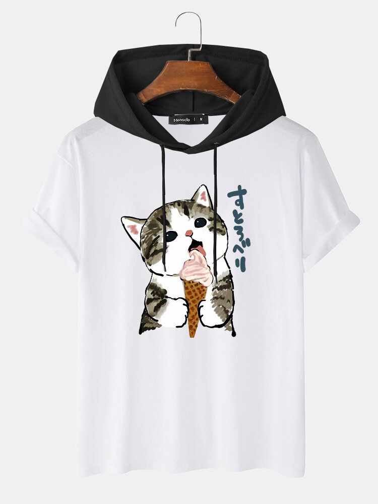 Söt Katt För Män Japanskt Tryck Kortärmad Dragsko T-shirts Med Huv