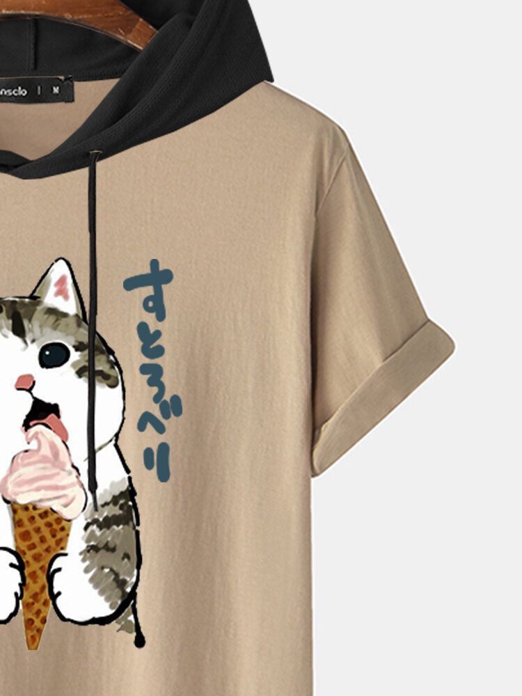 Söt Katt För Män Japanskt Tryck Kortärmad Dragsko T-shirts Med Huv