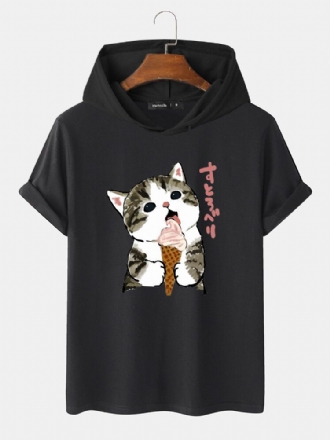 Söt Katt För Män Japanskt Tryck Kortärmad Dragsko T-shirts Med Huv