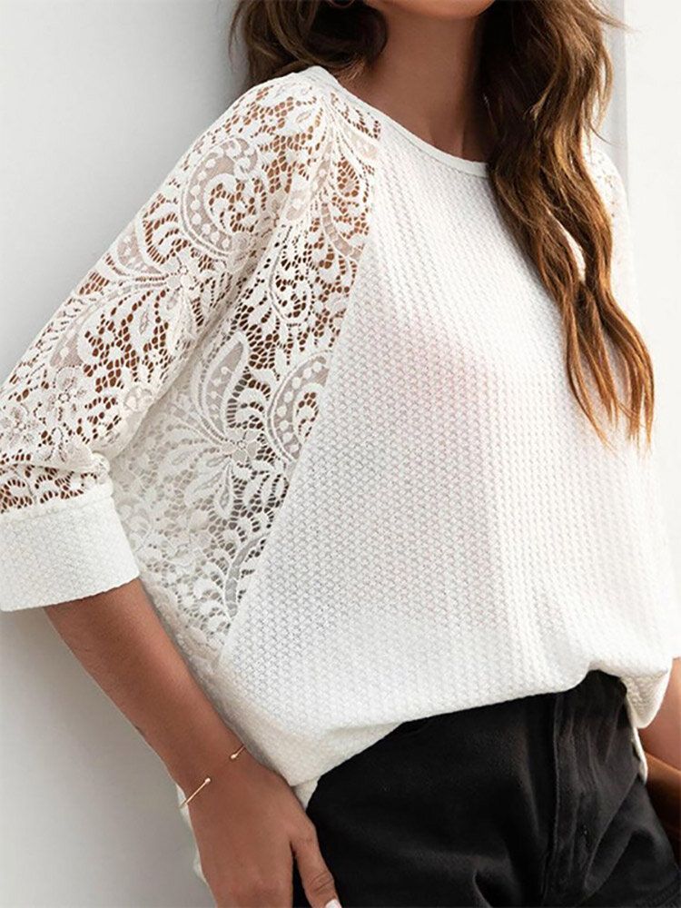 Solid Lace Patchwork T-shirt Med Ihålig Raglanärm