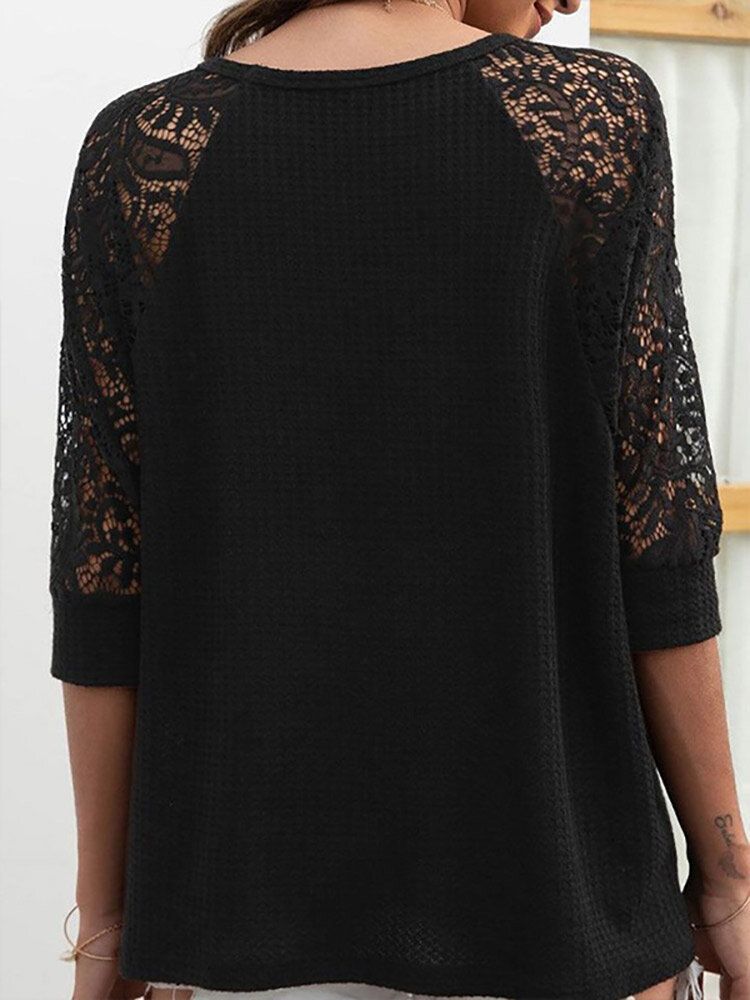 Solid Lace Patchwork T-shirt Med Ihålig Raglanärm