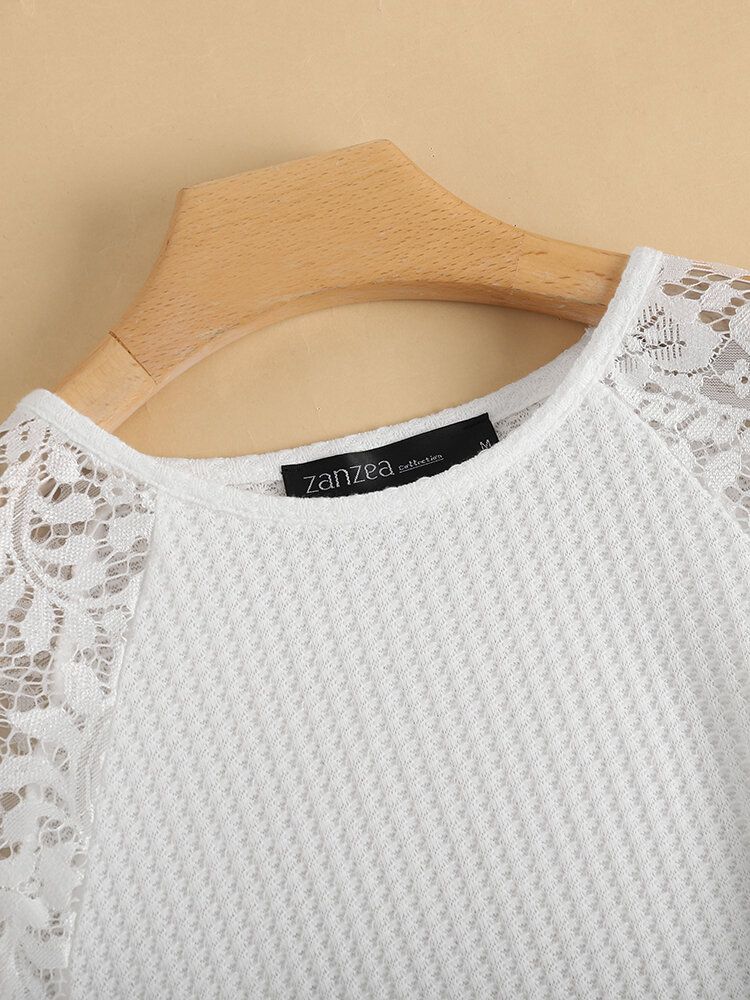 Solid Lace Patchwork T-shirt Med Ihålig Raglanärm