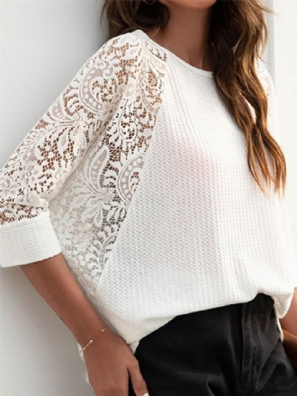 Solid Lace Patchwork T-shirt Med Ihålig Raglanärm