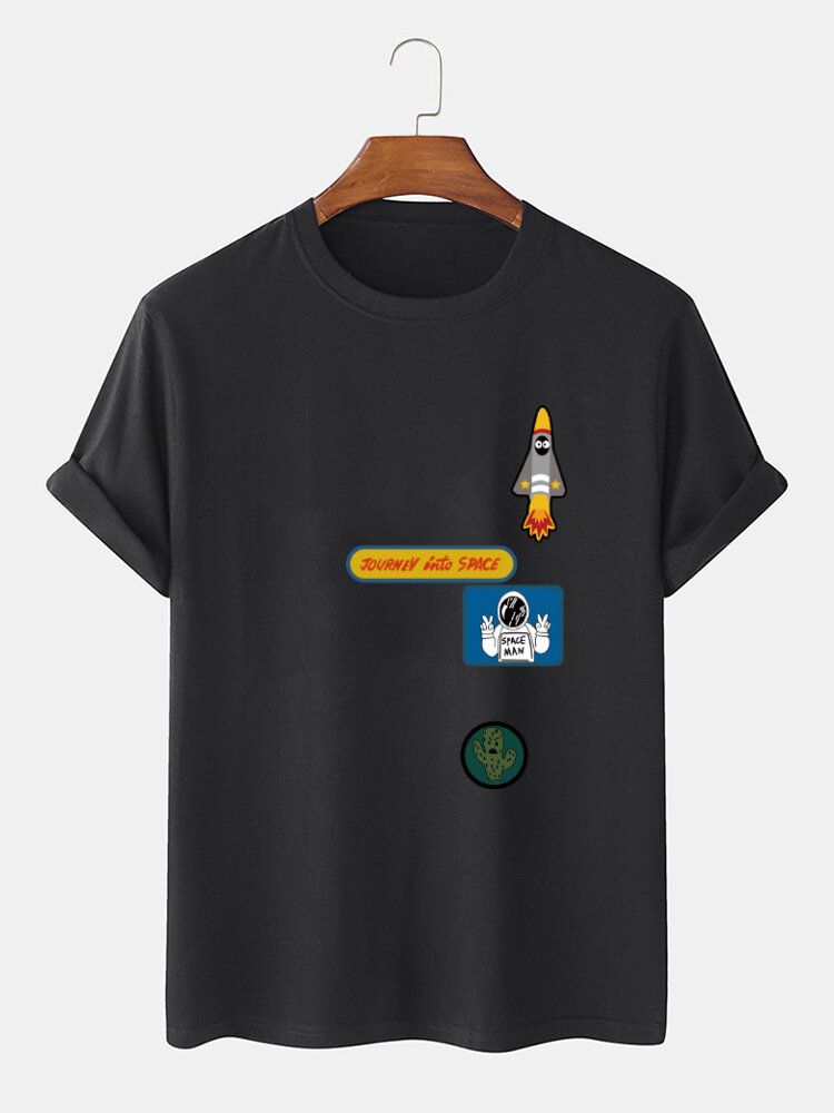 T-shirt Med O-ringad 100% Bomull För Män Tecknad Astronaut Rakettryck