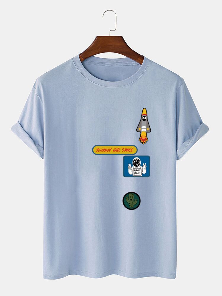 T-shirt Med O-ringad 100% Bomull För Män Tecknad Astronaut Rakettryck