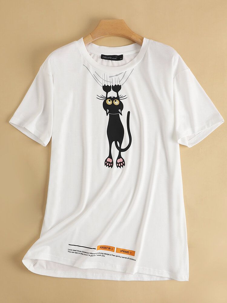 Tecknad Cat Letter Print Rund Hals Kortärmad T-shirt