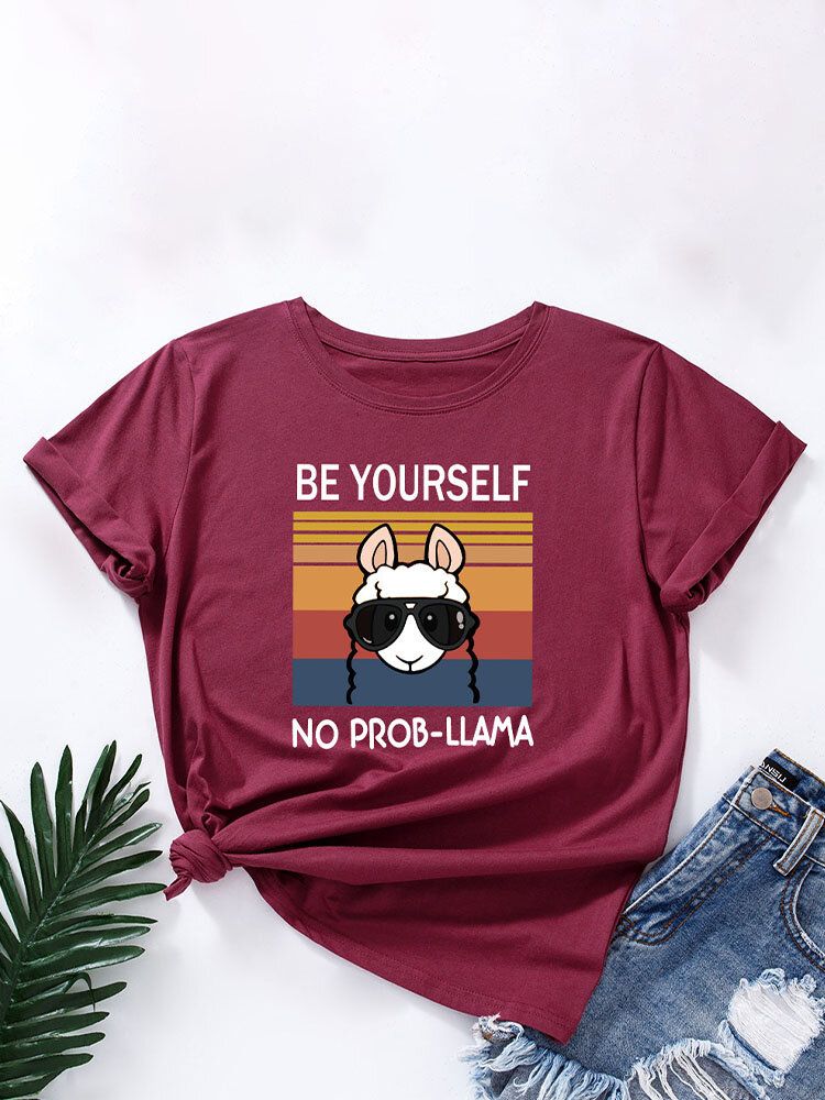 Tecknad Djur Slogan Print T-shirt Med Rund Hals För Kvinnor