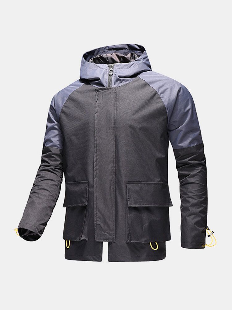 Herr Kontrast Patchwork Zip Front Vattentät Dragsko Manschett Huva Outdoors Jackor