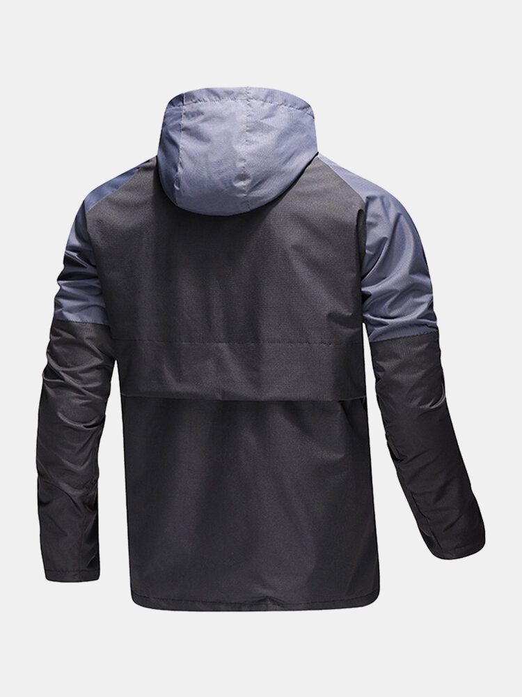 Herr Kontrast Patchwork Zip Front Vattentät Dragsko Manschett Huva Outdoors Jackor