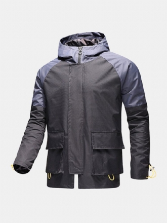 Herr Kontrast Patchwork Zip Front Vattentät Dragsko Manschett Huva Outdoors Jackor