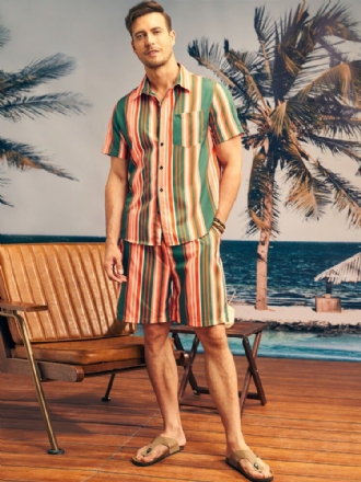 Herr Kontrastrandigt Tryck Enkelficka Hawaii Style Knappar Tvådelade Outfits