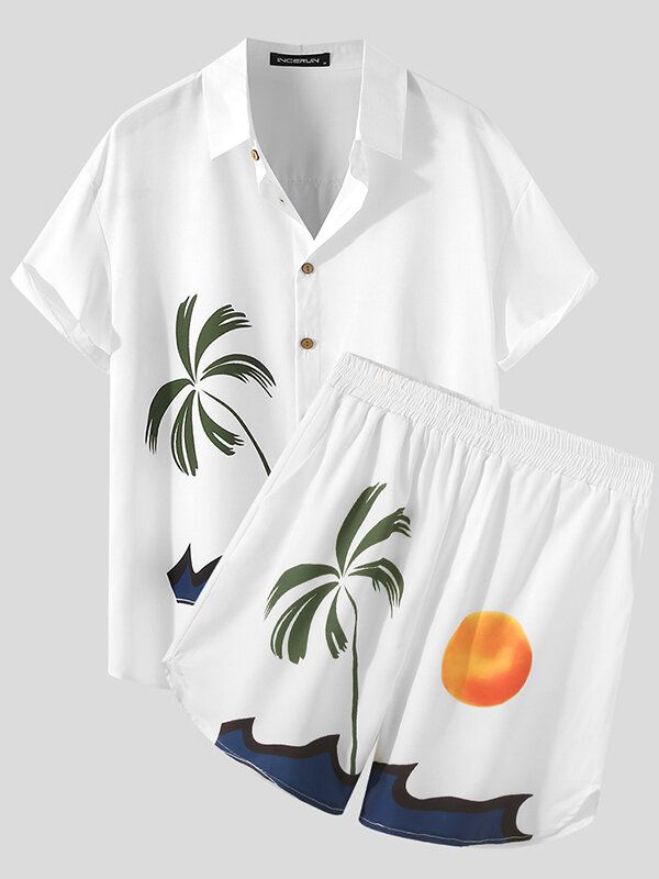 Men Sunset Beach Print Skjortor Button Down Shorts Skjorta Set