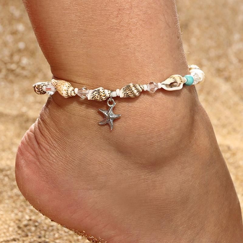 Retro Conch Beaded Yoga Anklet Alloy Sea Star Skor För Kvinnor Handgjord Anklet