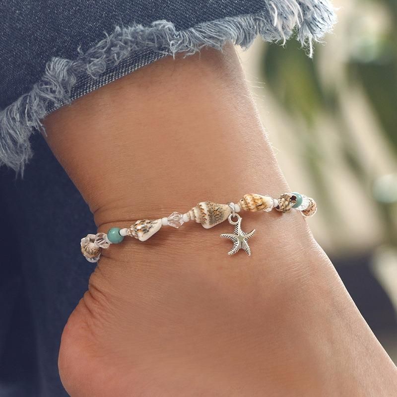 Retro Conch Beaded Yoga Anklet Alloy Sea Star Skor För Kvinnor Handgjord Anklet