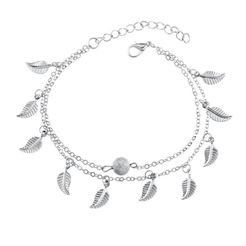 Trendigt Silver Guldfärg Lövhänge Anklet Double Layer Ball Charm Armband