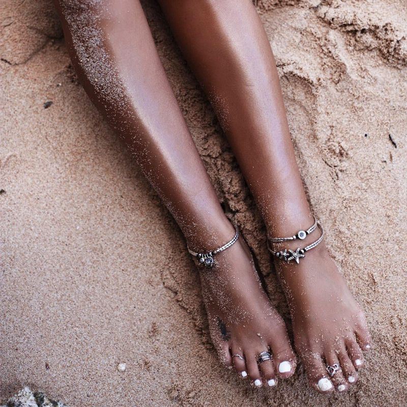 Vintage Antik Silver Anklet Dam Sjöstjärna Rune Beaded Armband Ankel Boho Foot Smycken