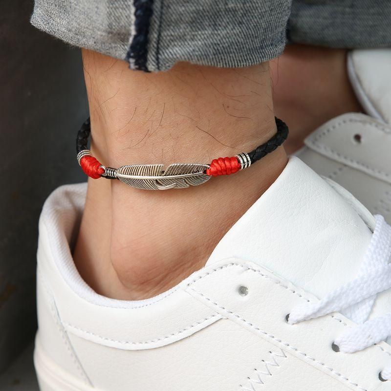 Vintage Unisex Fotledsarmband Lucky Red Rope Etnisk Fjäderberlock Fotlänk För Kvinnor Män