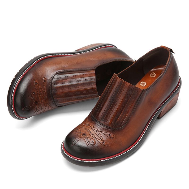 Äkta Läder Retro Comfy Elastisk Slip-on Rund Tå Lågklack Loafers Skor