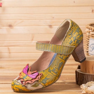 Butterfly Deocr Tryckt Kohudsläder Krokögla Bekväma Bärbara Chunky Heel Pumps