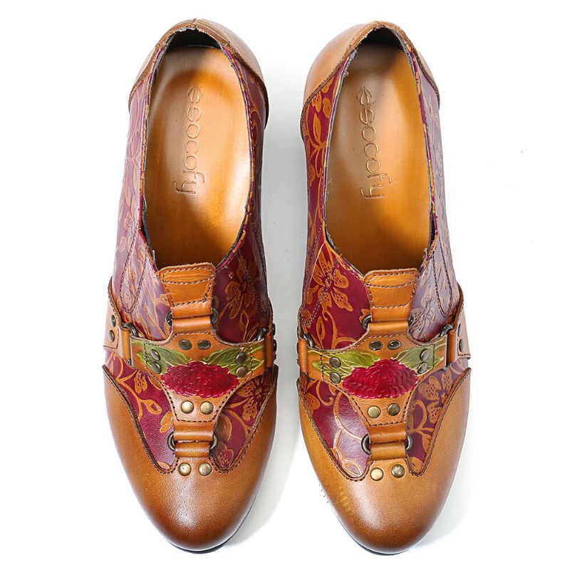 Cowgirl Handmålade Retro Blomstermönster Nit Äkta Läder Låg Klack Slip On Pumps