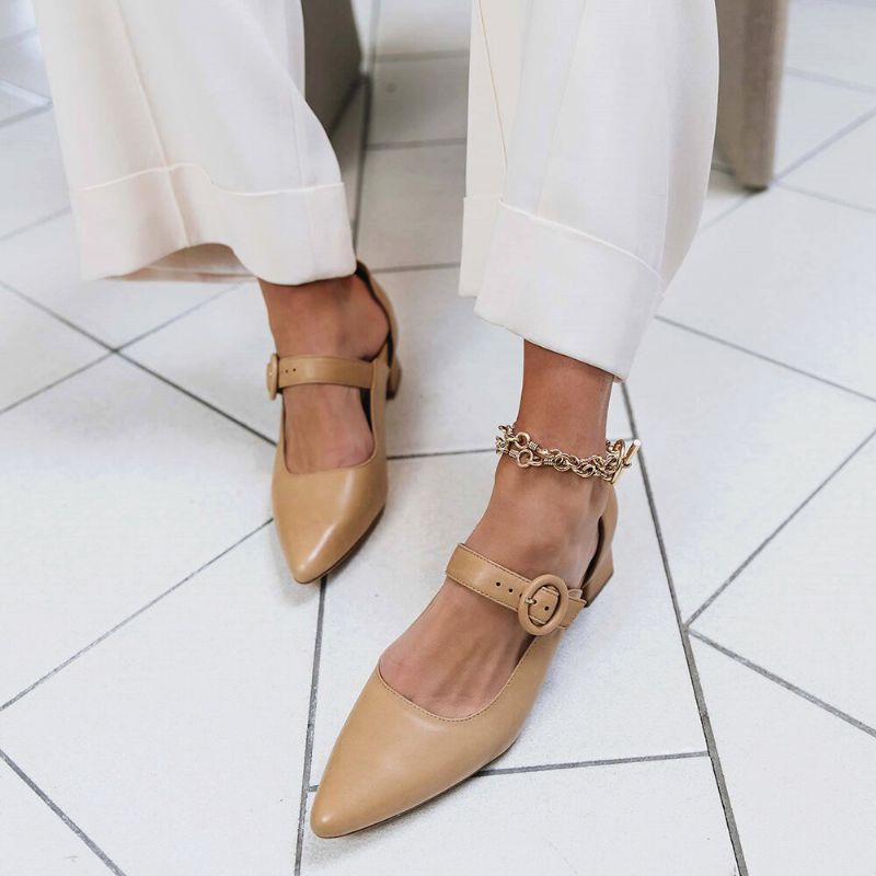 Dam Elegant Spetsad Tå Enfärgad Ankel Spänne Rem Slip On Chunky Heel Pumps