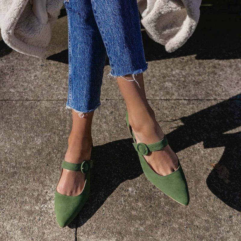 Dam Elegant Spetsad Tå Enfärgad Ankel Spänne Rem Slip On Chunky Heel Pumps