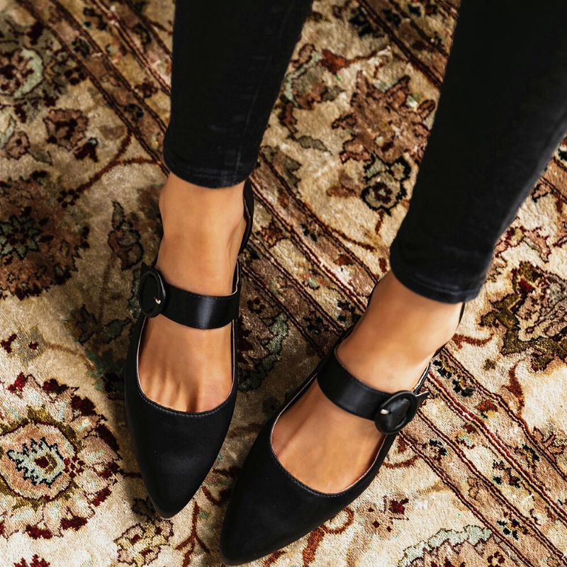 Dam Elegant Spetsad Tå Enfärgad Ankel Spänne Rem Slip On Chunky Heel Pumps