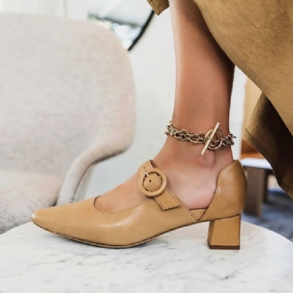 Dam Elegant Spetsad Tå Enfärgad Ankel Spänne Rem Slip On Chunky Heel Pumps