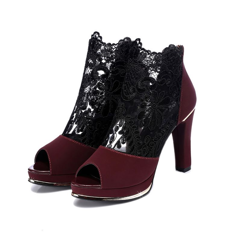 Dam Svart Mesh Spets Peep Toe Pumps Med Hög Klack