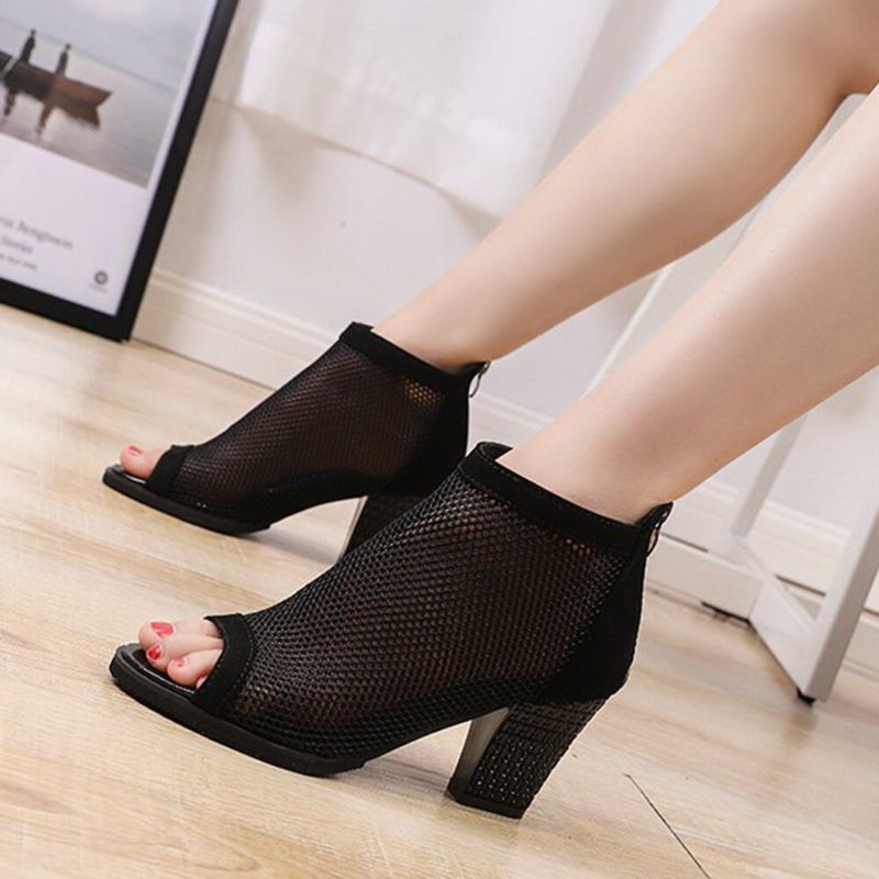 Damer Casual Mesh Andas Chunky Heel Hollow Out Peep-toe Pumps Skor