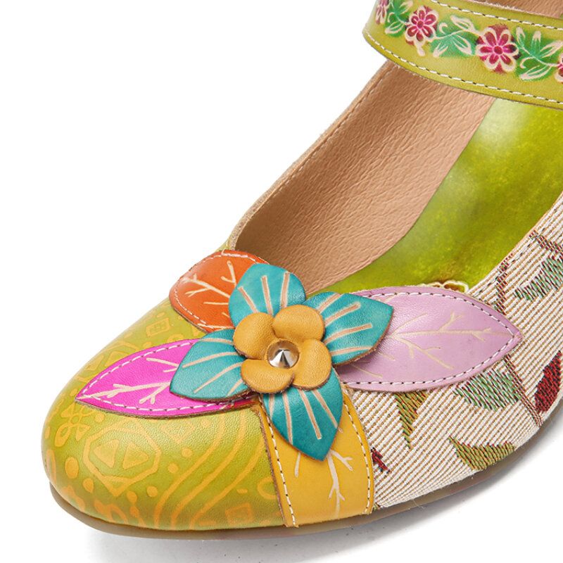 Eleganta Blommor Dekor Bladverk Tygsömmar Tryckt Kohud Läder Comfy Mary Jane Pumps