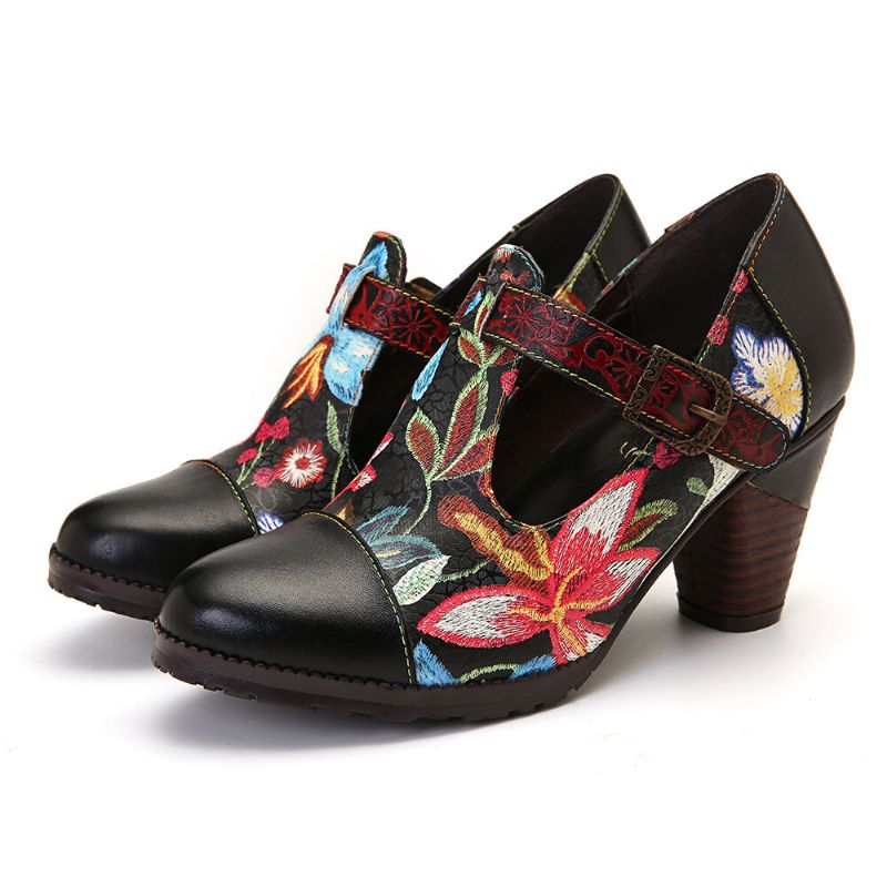 Folkways Färgglada Blommor Sömmar Äkta Läder Retro T-band Klänning Pumps För Dam