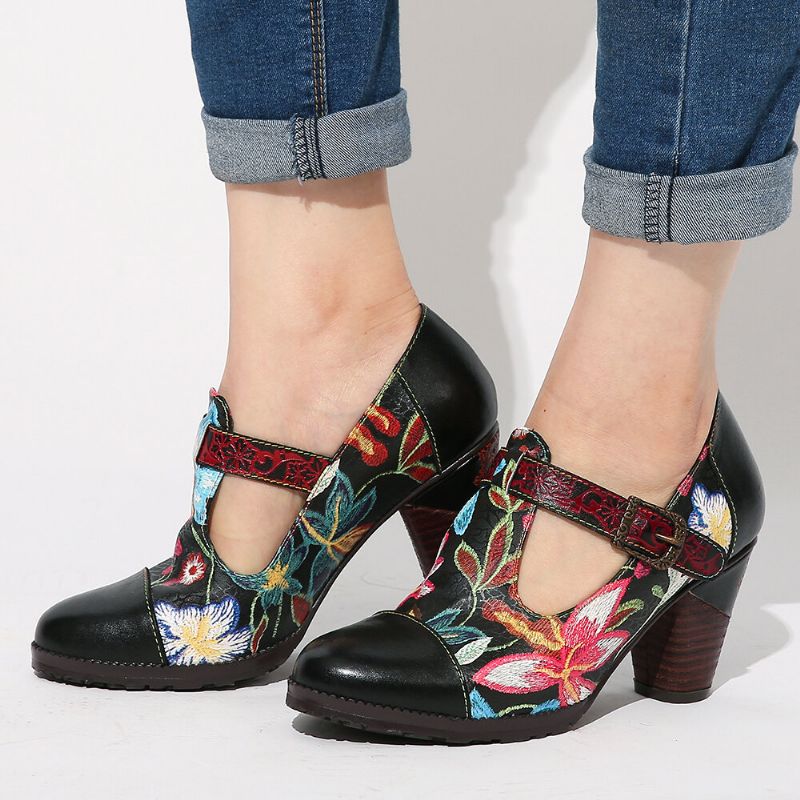 Folkways Färgglada Blommor Sömmar Äkta Läder Retro T-band Klänning Pumps För Dam