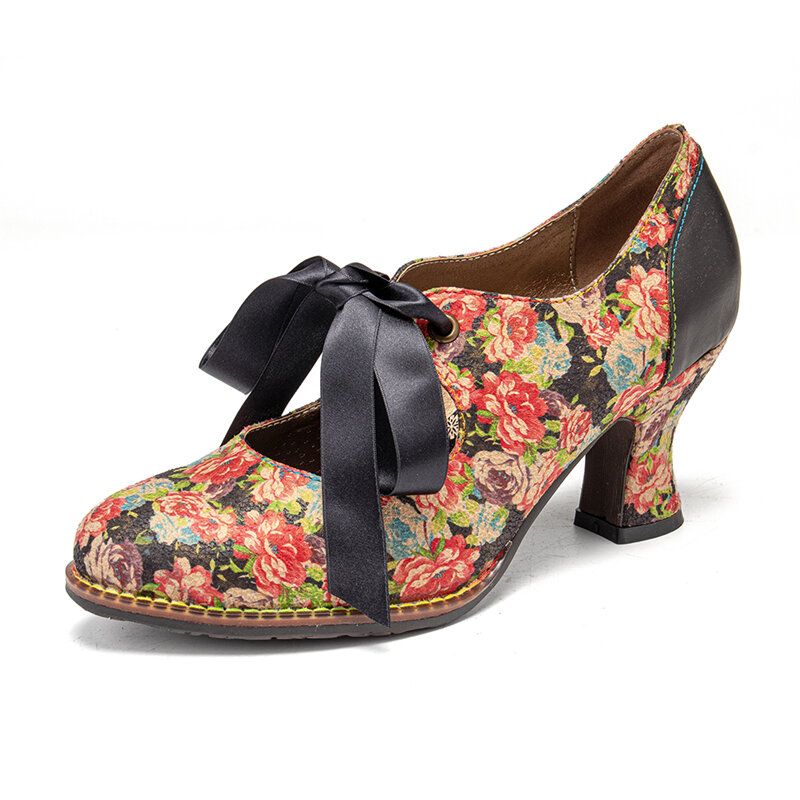 Kvinnor Eleganta Graciösa Små Blommor Tryckta Bekväma Bärbara Spetssömmar Chunky Heel Pumps