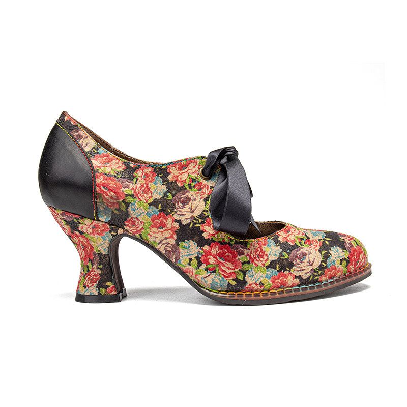 Kvinnor Eleganta Graciösa Små Blommor Tryckta Bekväma Bärbara Spetssömmar Chunky Heel Pumps