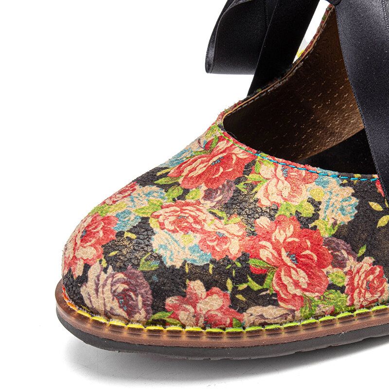 Kvinnor Eleganta Graciösa Små Blommor Tryckta Bekväma Bärbara Spetssömmar Chunky Heel Pumps