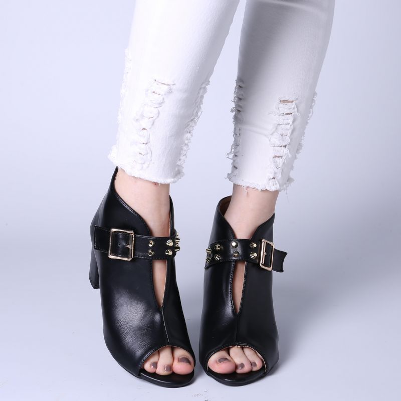 Kvinnor Nit Peep Toe Spänne Högklackat Chunky Heel Pumps