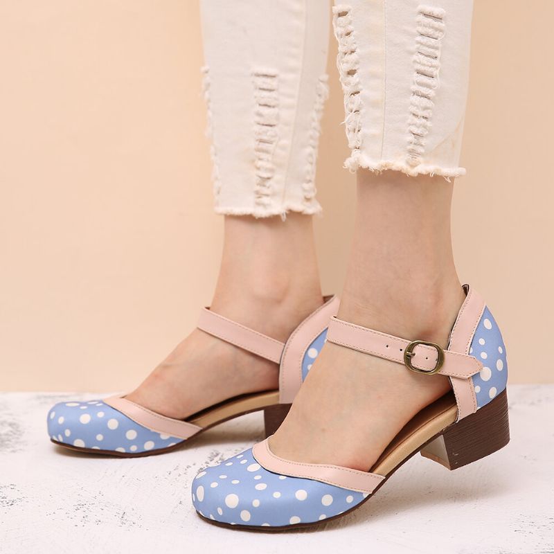 Kvinnor Polka Dot Rund Tå Ankelrem Block Häl Casual Comfy Heels Pumps