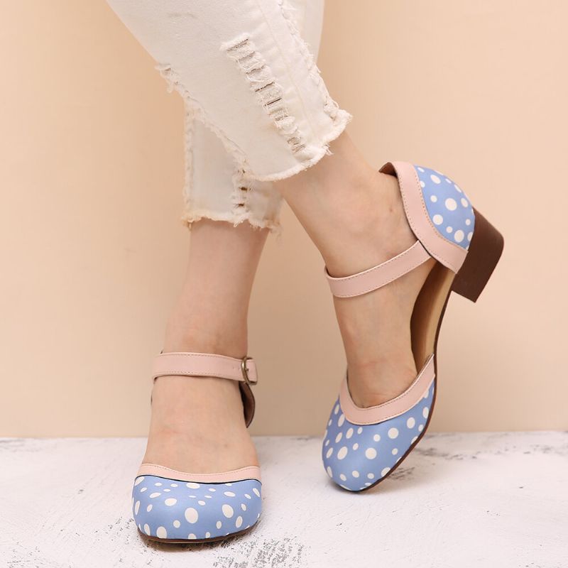 Kvinnor Polka Dot Rund Tå Ankelrem Block Häl Casual Comfy Heels Pumps