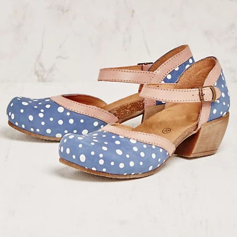 Kvinnor Polka Dot Rund Tå Ankelrem Block Häl Casual Comfy Heels Pumps