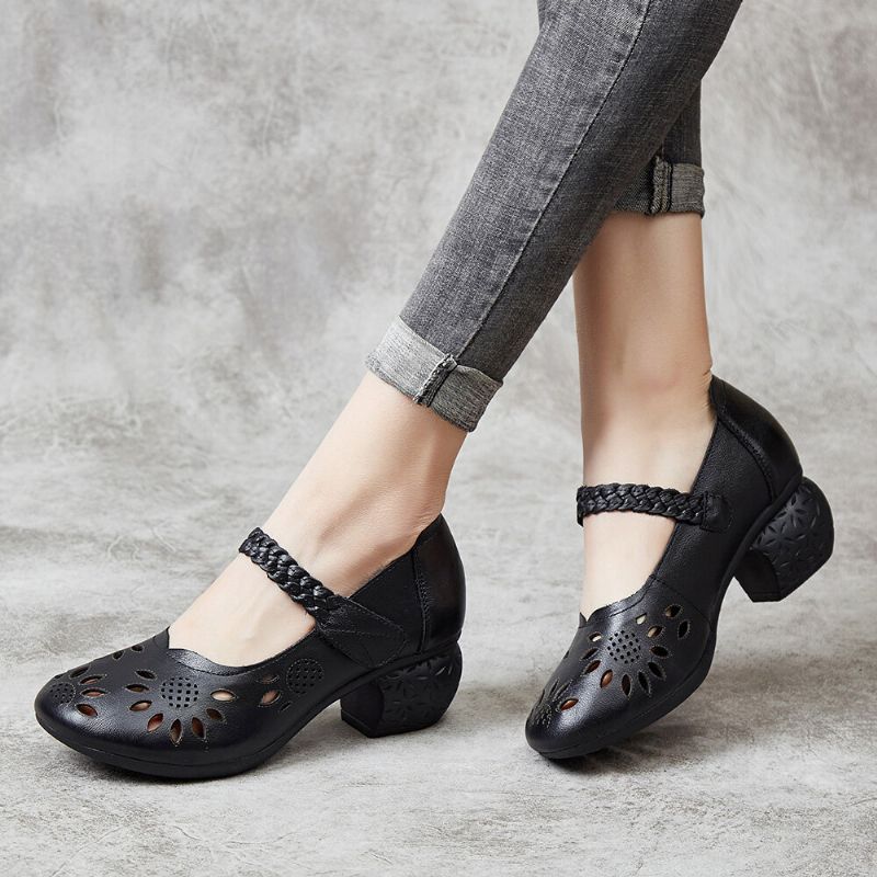 Läderutskärning Blommig Flätad Justerbar Ankelrem Chunky Heel D'orsay Pumps