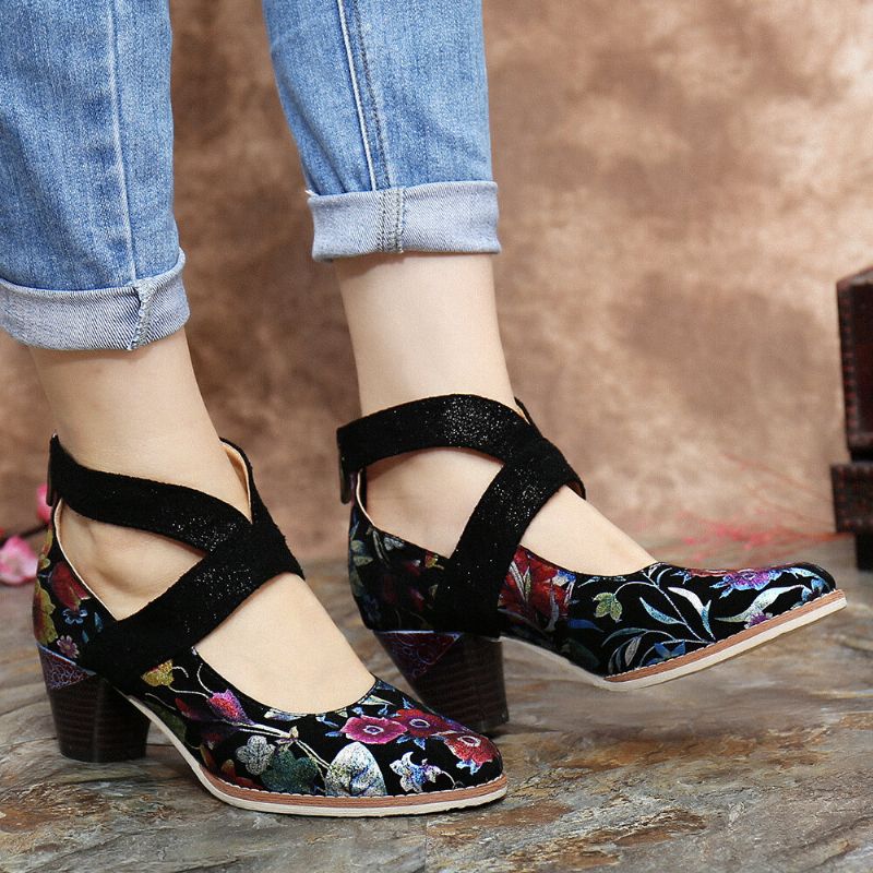 Ormskinn Grain Äkta Läder Skarvning Blommor Mönster Bekväma Dragkedja Chunky Heel Pumps