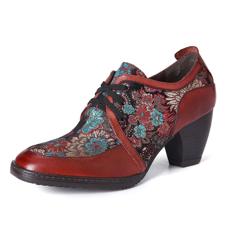 Retro Broderi Blommor Äkta Läder Graceful Zipper Pumps