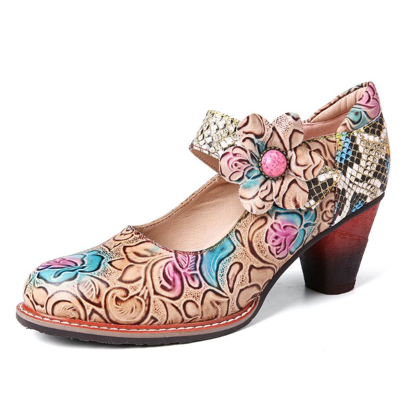 Retro Läder Floral Splicing Ormskinn Rund Toe Chunky Heel Pumps