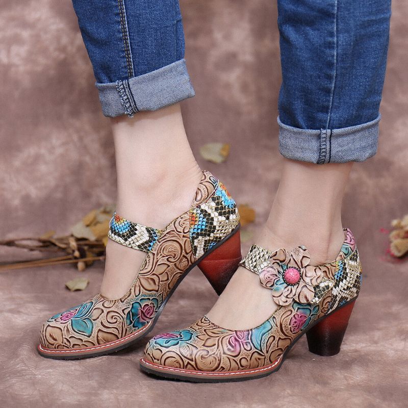 Retro Läder Floral Splicing Ormskinn Rund Toe Chunky Heel Pumps