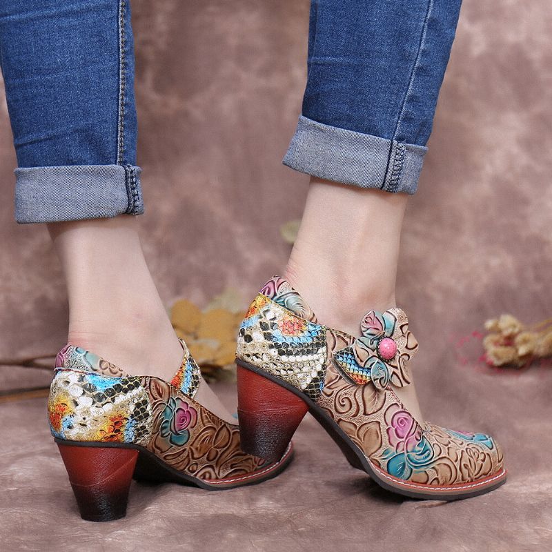 Retro Läder Floral Splicing Ormskinn Rund Toe Chunky Heel Pumps