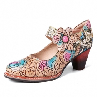 Retro Läder Floral Splicing Ormskinn Rund Toe Chunky Heel Pumps