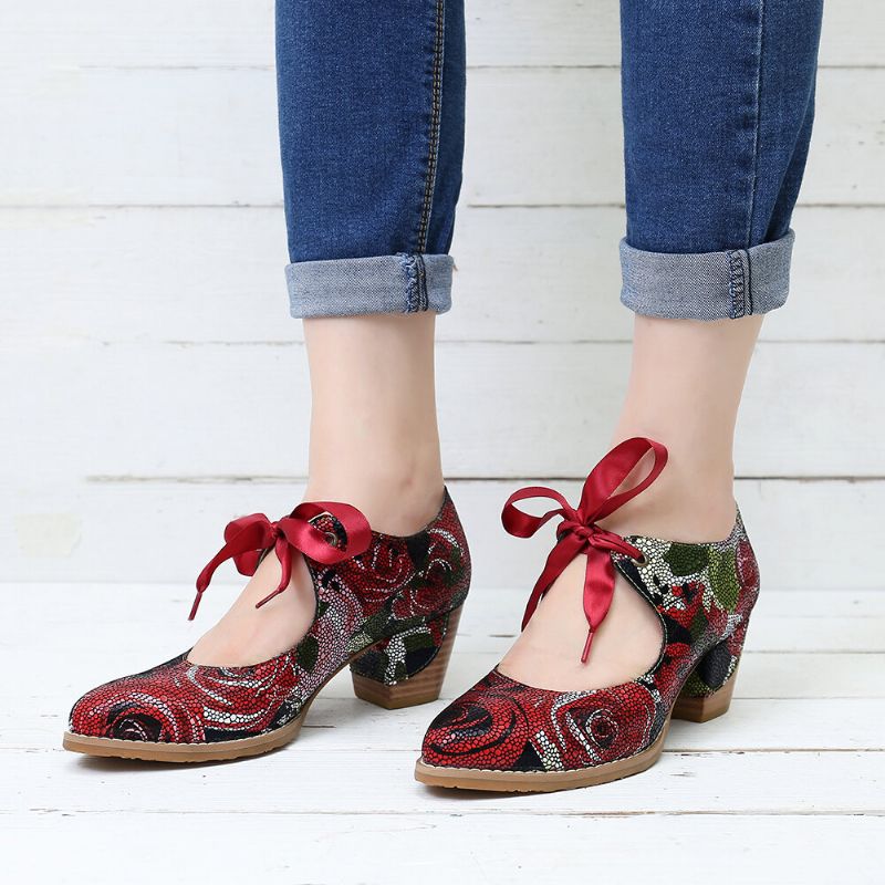 Super Comfy Bloom Rose Stitching Snörning Casual Klänning Läder Pumps För Kvinnor