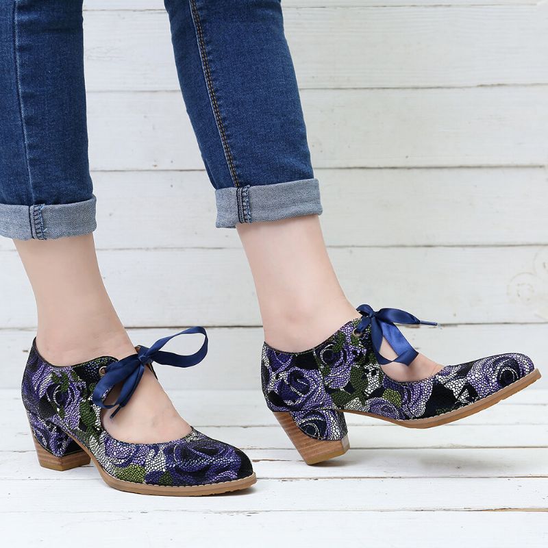 Super Comfy Bloom Rose Stitching Snörning Casual Klänning Läder Pumps För Kvinnor